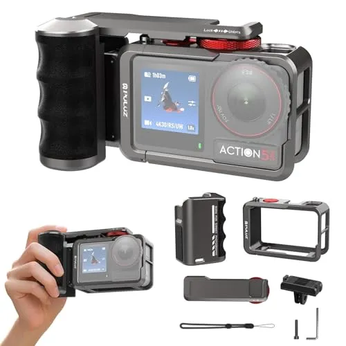 PULUZ DJI Osmo Action 5 Pro / 4 / 3用メタルケージ ハンドグリップ付き拡張ケージサポート 安定撮影 街撮り用カメラリグキット アルミ製 高耐久 軽量 オズモアクション 5 Pro用ハンドル マウント 拡張フレーム DJI