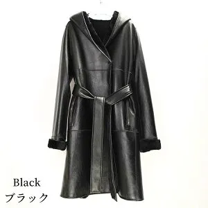 【最終セール】【69800円→49999円】【在庫僅か】【2024秋冬新作】ラムムートン (メリノ種) ラムレザー コート ベルト付き レディース 冬 アウター ムートン レザー 毛皮 ネイビー/ブラック S/M/L