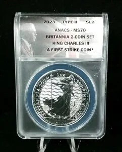 2023 G. ブリテン T2 ブリタニア 1オンス シルバー ANACS MS70 キングチャールズ ファーストストライク 4618