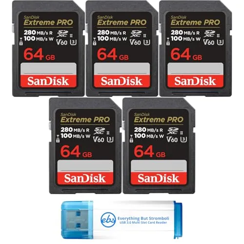 SanDisk (5パック) SDXC メモリーカード 64GB UHS-II Extreme Pro V60 写真とビデオ用 (SDSDXEP-064G-GN4IN) Stromboli Micro & SDカードリーダー1個付き