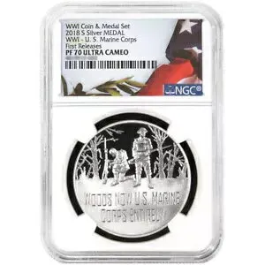 2018-W プルーフ 第一次世界大戦 100 周年記念米国海兵隊銀メダル NGC PF70UC FR F...