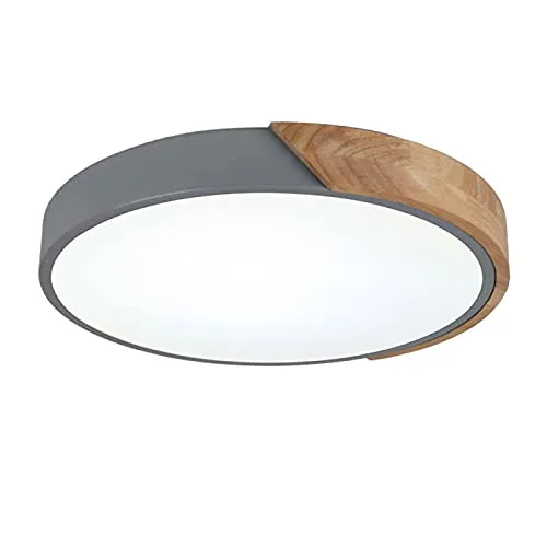 丸型マカロン型LEDシーリングライト、モダンな木製ランプ、子供部屋、リビング、寝室、廊下用埋め込み型照明、グレー+温白色-60cm 48W