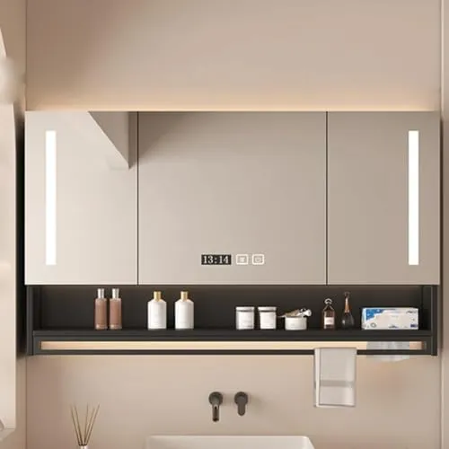 Kisigim 洗面所鏡タッチコントロール,洗面 化粧台LEDライト付き,洗面化粧台 ミラーキャビネット,浴室 ミラー 曇り止め,ミラーキャビネット 洗面所 照明付き,浴室の壁のキャビネットタオル掛け付き,現代の知性浴室キャビネット 浴室の壁のキャビネット