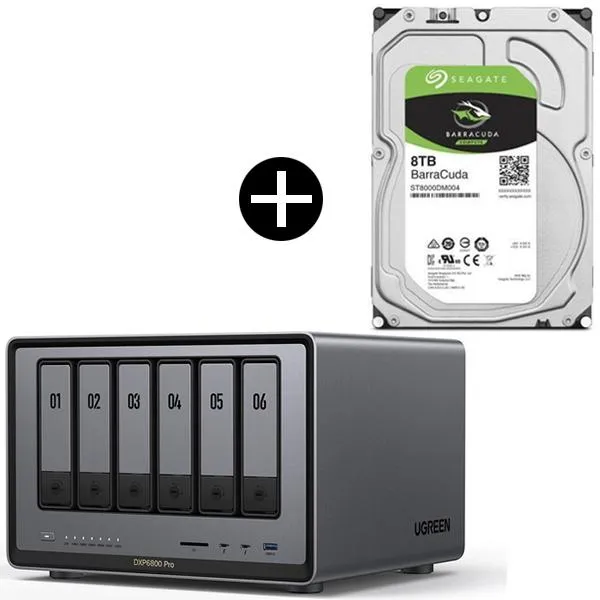 UGREEN DXP6800Pro NASync NAS 6ベイ + Seagate ST8000DM004 BarraCuda 3.5インチ内蔵ハードディスク (8TB) ※バルク品 セット