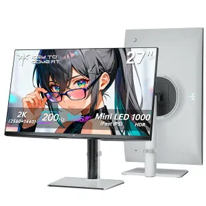 【2,000クーポン＋P最大31.5％還元！】27インチ QD 量子ドットMini LED FAST IPS ゲーミングモニター | WQHD 2560×1440@200Hz HDR1000 157% sRGB | Freesync&Adaptive Sync | 1ms応答速度 | VESA Display| HDMI*2・DP*1 | 3年間の保