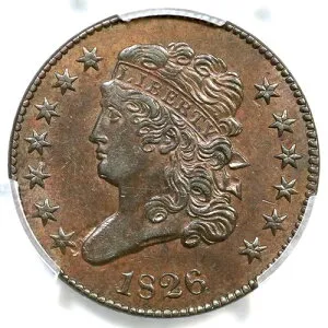 1826年 C-2 R-3+ PCGS AU 55 クラシックヘッドハーフセントコイン 1/2c-