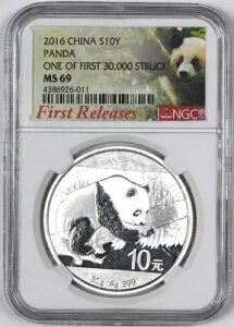 2016年 中国シルバーパンダ 初リリース S10Y - NGC MS69 -