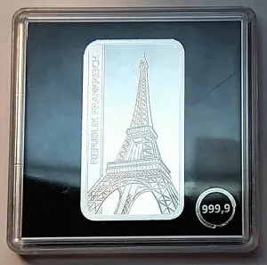 フランス パリ エッフェル塔 シルバーバー 999.9 - 37x20.5mm 1/4オンス プルーフ 2022 ヨーロッパ-