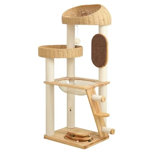 【なになにLife】 特大バスタブ型ボウル キャットタワー 据え置き 木製 高さ128cm 大型猫 おしゃれ 天然木 大型 隠れ家 インテリア性 多頭飼い スリム 見晴台 猫タワー 宇宙船 クリアボウル 中型猫 爪研ぎポール ストレス発散 コットン紐 安定