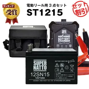 電動リール バッテリー■バッテリー（12V15Ah）ダイワ シマノ マリンパワー など対応＋充電器＋防水キャリーケース セット■■スーパーナットST1215【送料無料】【電動リール用バッテリー】