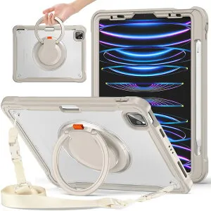 GOOVEN iPad Air 13 2025/2024 （M3 M2）専用 ケース 360°回転リング iPad Pro 12.9インチ用背面カバー 第6 5 4 3世代半透明ケース 肩掛け 調節可能 ショルダーストラップ付き 薄型 軽量 ペンホルダー付き，