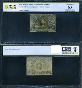 FR. 1244 SP 10 c. 第2版 部分的表面標本 狭い余白 PCGS CH CU63