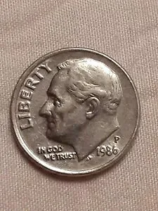 1986 P ルーズベルト ダイム DD RPM オフ - 中心のコインストライクエラー