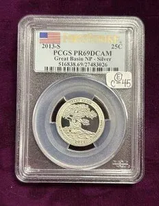 2013-S ファーストストライク PCGS PR69DCAM グレートベイスン NP-シルバー 25セント グレーデッドスラブ