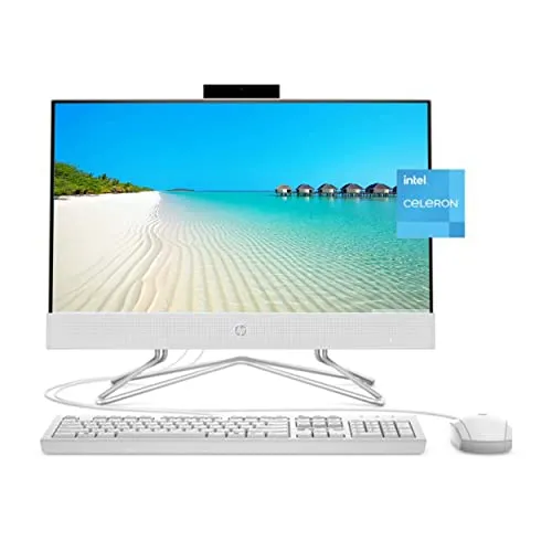 HP 2022 オールインワンデスクトップ、21.5インチ FHDディスプレイ、Intel Celeron G5905T、12GB RAM、256GB PCIe SSD、ウェブカメラ、WiFi、HDMI、RJ-45、有線キーボード&マウス、DVD-RW、W