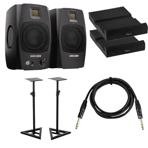 ADAM Audio D3V 3.5インチ 80W デスクトップモニター、ペア、ブラック、2X スタジオモニタースタンド、6フィートプラチナプロインターコネクトケーブルとアイソレーションパッド付きバンドル