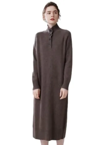[Aecsoc] ひざ下カシミヤニットカジュアルワンピースレディース 秋冬ワンピ 無地 長袖 ハイネック通勤 パーティー ドレス ZSBR8323(モカブラウン)