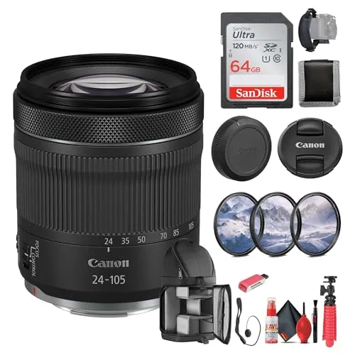 Canon RF 24-105mm f/4-7.1 is STMレンズ (4111C002) + 64GB メモリーカード + フィルターキット + バックパック + カードリーダー + フレックス三脚 + メモリーウォレット + キャップキーパー + ク