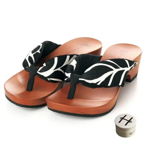 [mizutori] 水鳥工業 みずとり hitete(ハイテテ) 洋服にも合うモダン下駄 KT-53 リーフ・ブラック × 白 ／黒・黒 4.5cmヒール (オリジナルかかと保湿クリーム付き) げたのみずとり (リーフ・ブラック × 白, 日本の靴のサイ