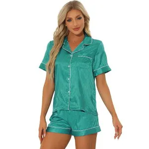 cheibear レディース アンダーウェア ナイトウェア ボタンダウン ショートパンツ サテン ダウン cheibear Women's Pajama Short Sleeves Button Down Top and Shortsatin Sets Blue Stripe ブルー