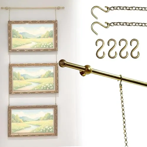 真鍮ギャラリーロッド 壁掛けアートディスプレイ用 レール+チェーン+フックのセット 絵画用レール吊りシステム アート吊り下げレールキット 油絵 写真 ポスター 鏡 掛けられる リビング 寝室 オフィス ギャラリーに最適(1.70m (66.9in))