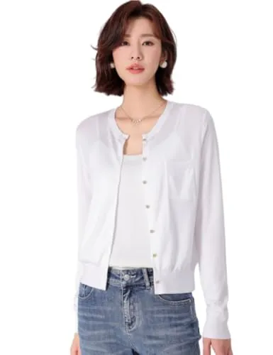 [Aecsoc] シルクニット 長袖 クルーネック カーディガン 無地 接触冷感 さらさらクール UVカット カーディガン 薄手 吸汗速乾 CSK2205 (ホワイト,L)