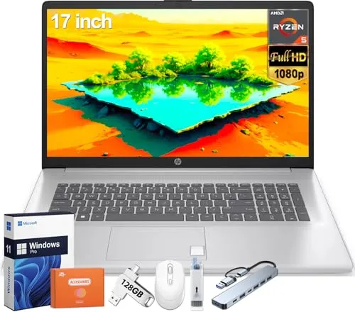 HP 17インチノートパソコン、Windows 11 Pro、AMD Ryzen 5 7430U、32GB DDR4 RAM、2TB SSD、17.3インチFHDディスプレイ、AMD Radeon Graphics、長寿命、アンチグレア、Wi-Fi 6。