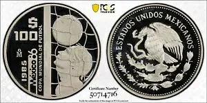 1985 メキシコ 100 ペソ ワールドカップ PCGS PF69 DCAM プルーフ KM505 トップ ポップ