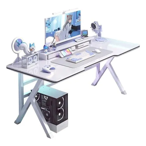 ゲーミングデスク パソコンデスク 幅60cm×奥行100cm K型脚構造設計 双方向ケーブル穴付き pcデスク 組立簡単 炭素繊維天板 在宅勤務 ホーム オフィス ワークステーション用 (Color : 白)