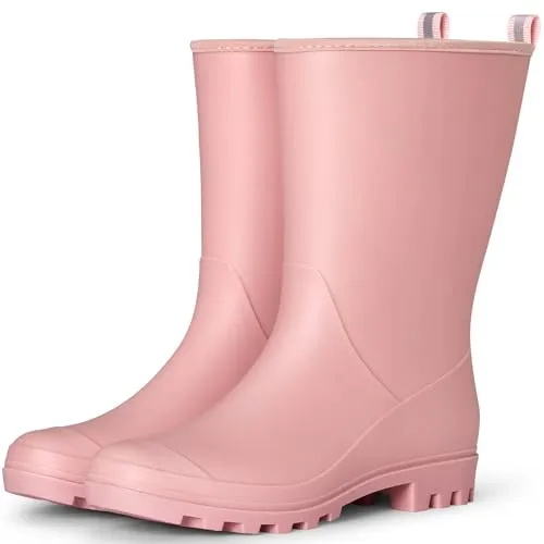 planone ワイドカーフレインブーツ レディース ファッション 防水 ミッドカーフ ラバーブーツ 滑り止め マット アウトドア ガーデンシューズ ワークブーティ 泥ブーツ ファームブーツ アーチサポートと取り外し可能な快適インソール付き, ピンク, 2
