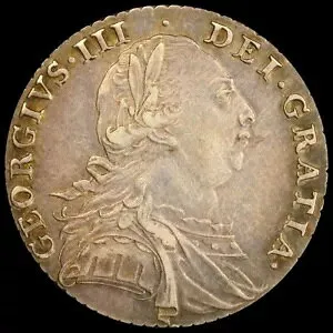 1787 ジョージ 3 世 グレート ブリティッシュ シリング、PCGS S-3743 により AU50 グレード、ハートなし