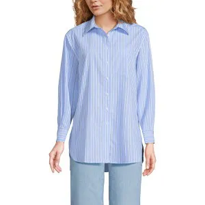 ランズエンド レディース トップス Tシャツ Women's Lands' End Oversized No Iron Tunic with Statement Collar Shirt Blue Sky Stripe ブルー