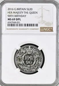 2016年 20ポンド銀貨 女王生誕90周年記念 NGC MS69 DPL 英国