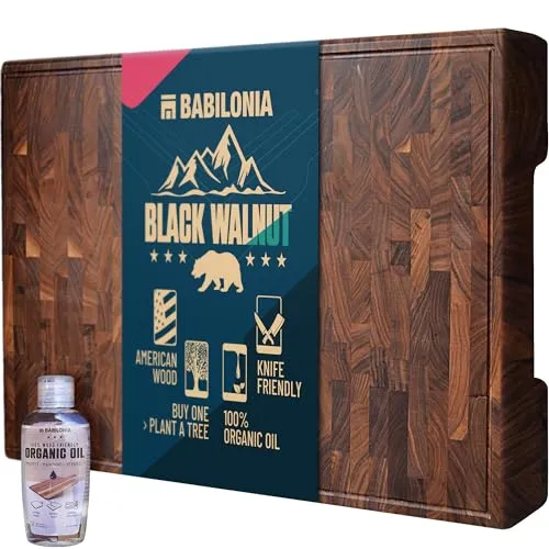 American Black-Walnut まな板 (極厚1.75インチ)、プレミアム品質&プロフェッショナルブッチャーブロック高耐久エンドグレインウッドまな板(オイルボトル&プレート付属)