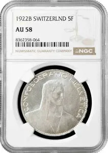 スイス 5フラン 1922 B、NGC AU58、「Confoederatio Helvetica (1917 - 1967)」