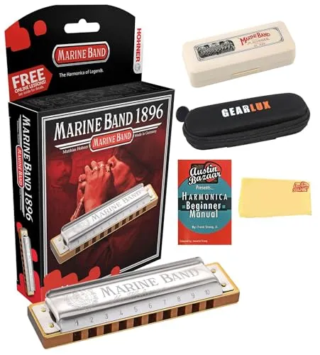 Hohner Marine Band 1896 Harmonica - Key of G Bundle with Zip Case, Instructional Manual, and Austin Bazaar Polishing Cloth