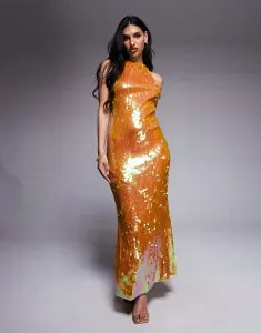 エイソス レディース トップス ワンピース オープンバック ハイネック マキシワンピース スパンコール マキシ ASOS DESIGN iridescent sequin high neck maxi dress with open back in bronze Bronze