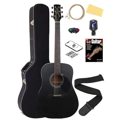 Jasmine S35 Dreadnought アコースティックギター - マットブラックバンドル ハードケース、弦、チューナー、ストラップ、ピック、教科書、Austin Bazaarの解説DVD、磨き布付き