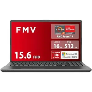 富士通ノートパソコンFMVNoteAWA1-K2(MSOffice2024/Win11/15.6型/AMDRyzen7/16GB/SSD512GB/スーパーマルチドライブ)FMVWK2A175_AZ