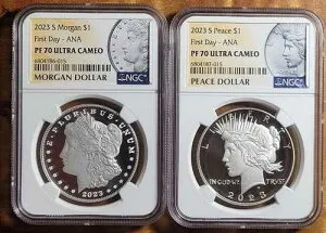 2023 S モーガン＆ピース シルバー ダラー NGC PF70 UC 2 個セット ANA 初日リリース!。