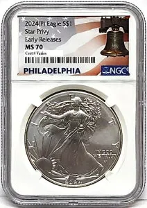 2024年製 P シルバーイーグル スタープリビー NGC MS70 初期リリース フィラデルフィアラベル