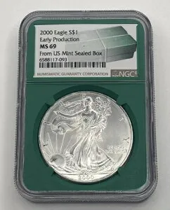 2000 $1 NGC シルバーイーグル MS69 米国密封ボックスグリーンコアからの初期生産-