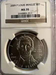 2009 P.ルイ・ブライユ。 1ドルの記念コイン。 NGC MS-70
