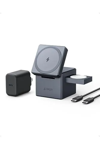 Anker 3-in-1 Cube with MagSafe: マグネット式 3-in-1 ワイヤレス充電ステーション/USB急速充電器付属/ワイヤレス出力/Apple Watchホルダー付/MFi認証/iPhone 17 / 16 / 15 / 14 /