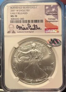 2007 W シルバーイーグル バーニッシュ NGC MS 70 マイク・キャッスル直筆サイン入り旗ラベル