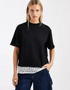 エイソス レディース トップス Tシャツ オープンバック レース ASOS DESIGN short sleeve with open back with lace top Black ブラック