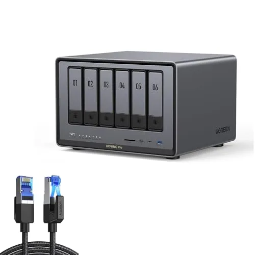 UGREEN NASync DXP6800 Pro 6ベイNASバンドル、2M メッシュLANケーブル カテゴリー8付属 、 Intel i5 1235u 10コアCPU 8GB DDR5 RAM 内蔵128GB SSD 10GbE x 2 M.2 NVM