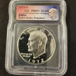 1972年 S アイゼンハワー「アイク」 $1 ICG PR69+ DCAM オースティン・ハットー サイン入り 40% シルバー