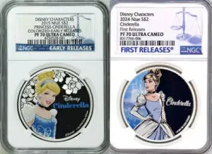 シンデレラ 1オンス .999 シルバーコイン 2枚 2015年 & 2024年 ニウエ NGC PF70 U Cam Early/FR