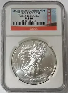 2011 (S) アメリカン シルバー イーグル $1 ドル NGC MS 70 早期リリース ゴールデン ゲート